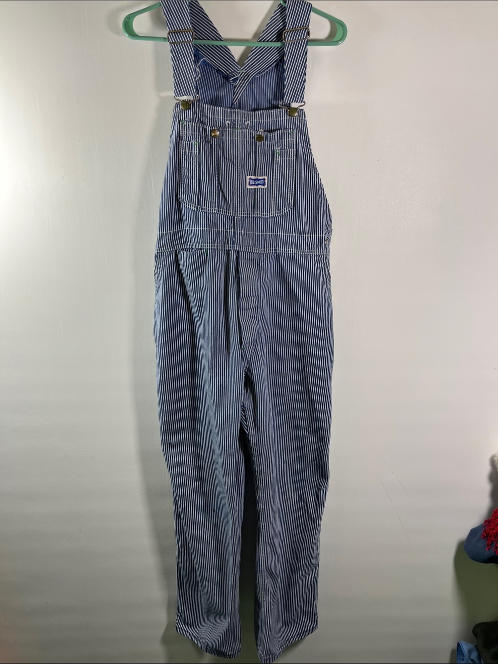 Big Smith Bib Overalls Blue & White Railroad Pattern Chest Logo